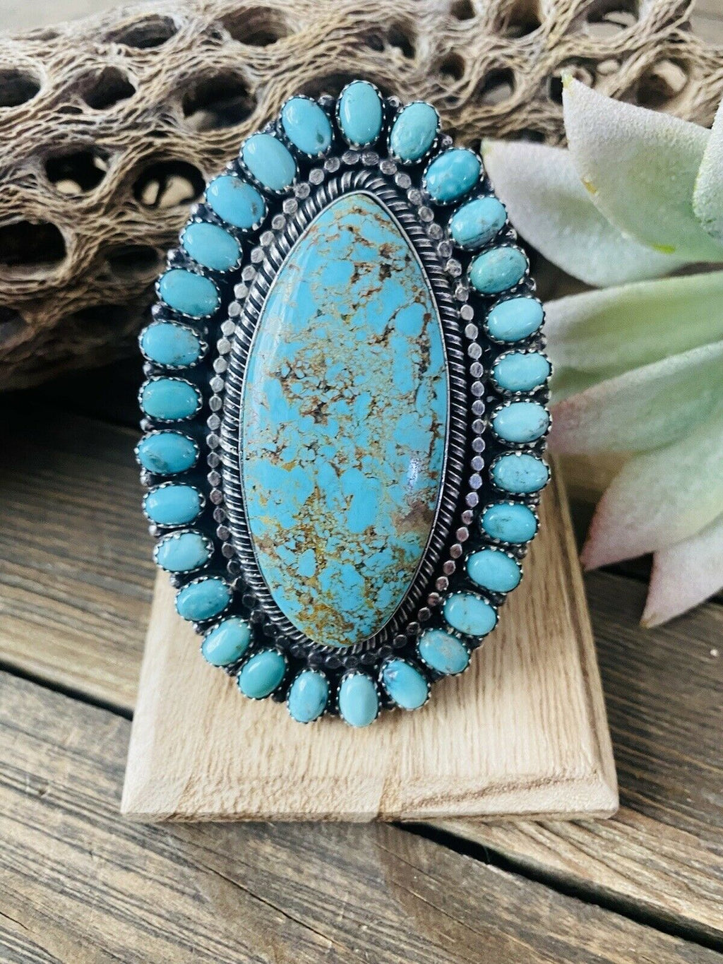 Handcrafted Number 8 Turquoise & Sterling Silver Statement Ring Size 10 Signed