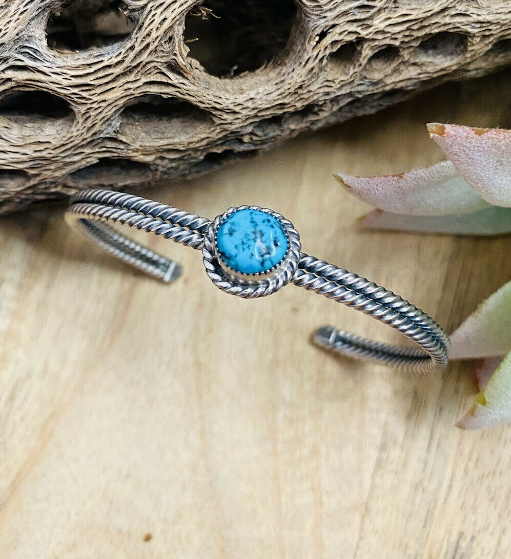 Handcrafted Sterling Silver & Kingman Turquoise Cuff Bracelet Signed