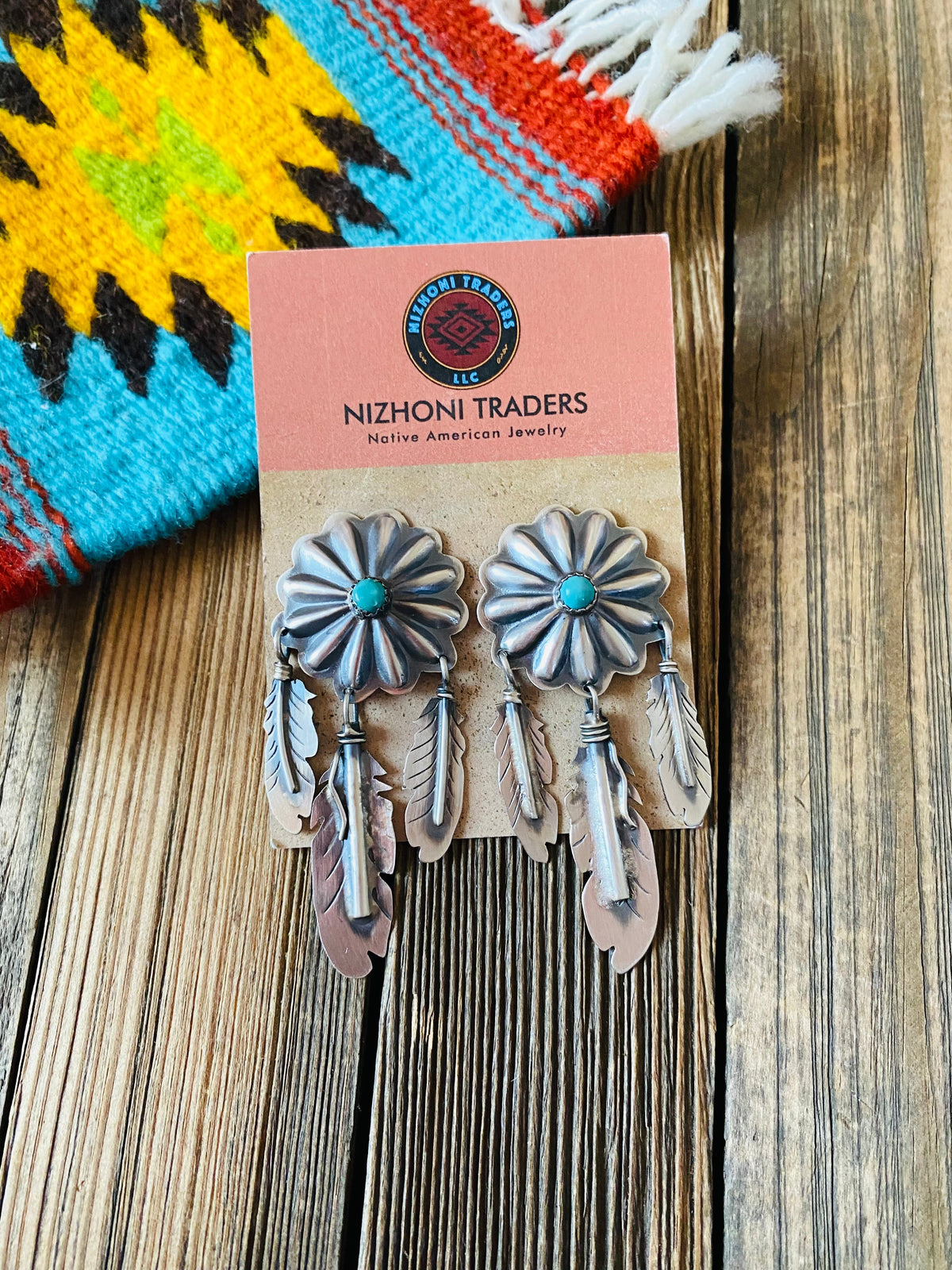 Handcrafted Sterling Silver & Turquoise Concho Feather Dangle Earrings