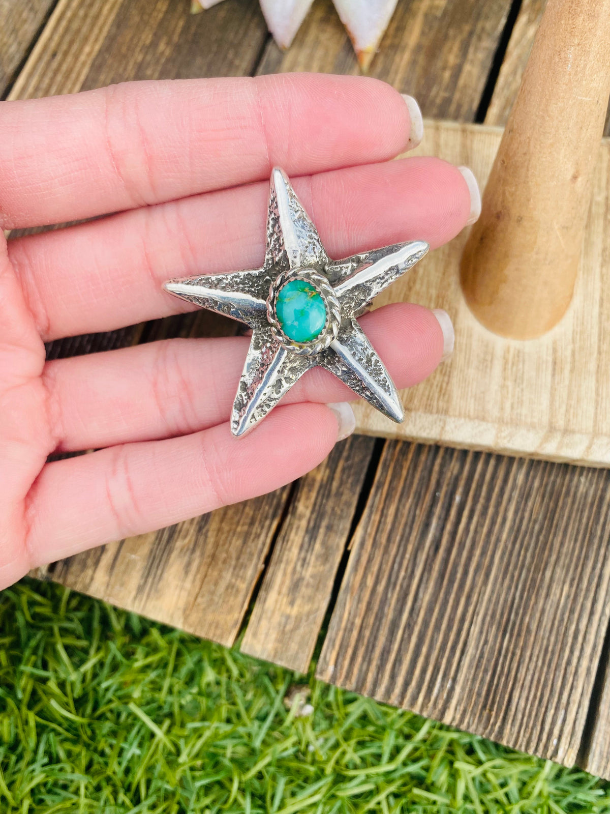 Handcrafted Sonoran Gold Turquoise & Sterling Silver Star Ring Size 8 Signed