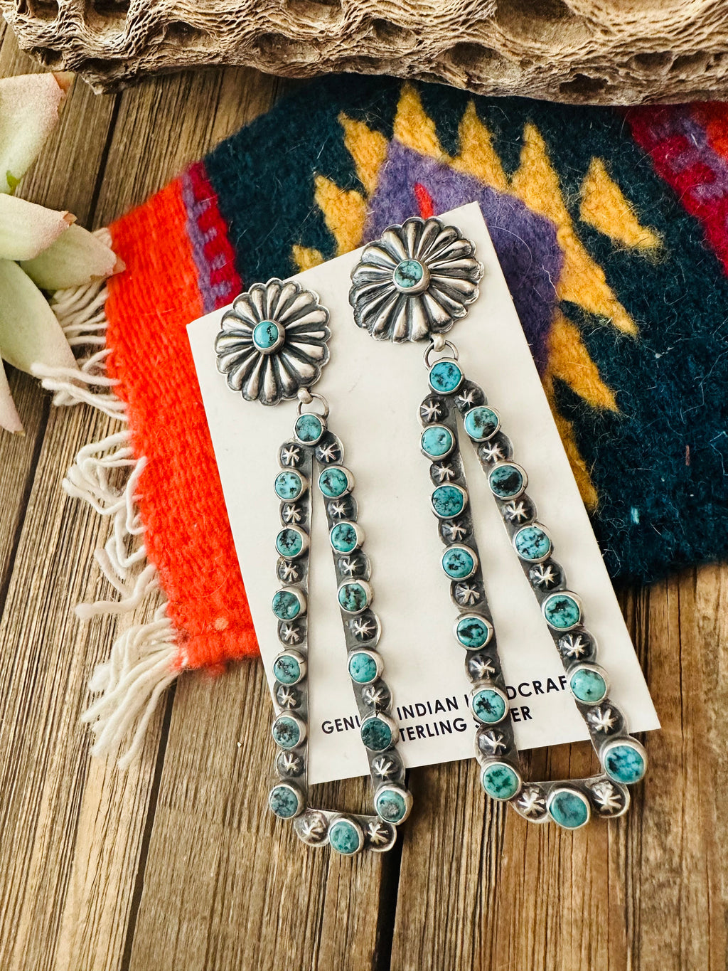 Handcrafted Sterling Silver & Turquoise Concho Dangle Earrings By Eugene Charley