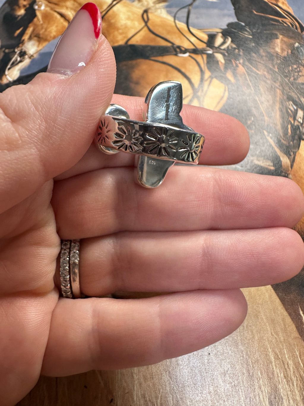 Handmade Turquoise & Sterling Adjustable Crescent Floating Stone Ring