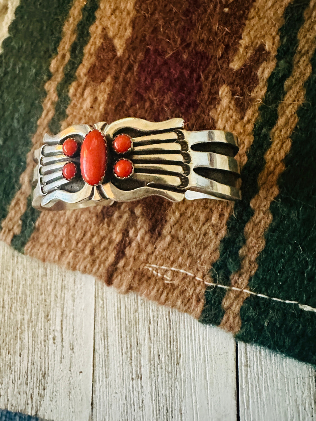 Handcrafted Coral & Sterling Silver Cuff Bracelet Signed