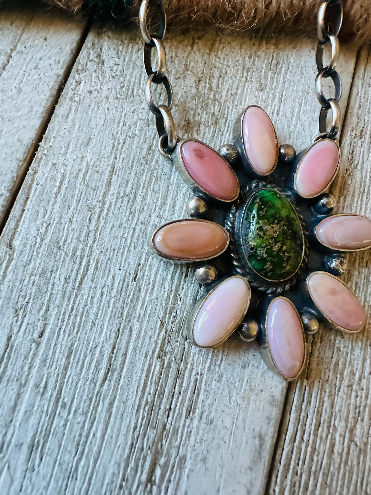 Handcrafted Sterling Silver, Queen Pink Conch Shell & Turquoise Necklace
