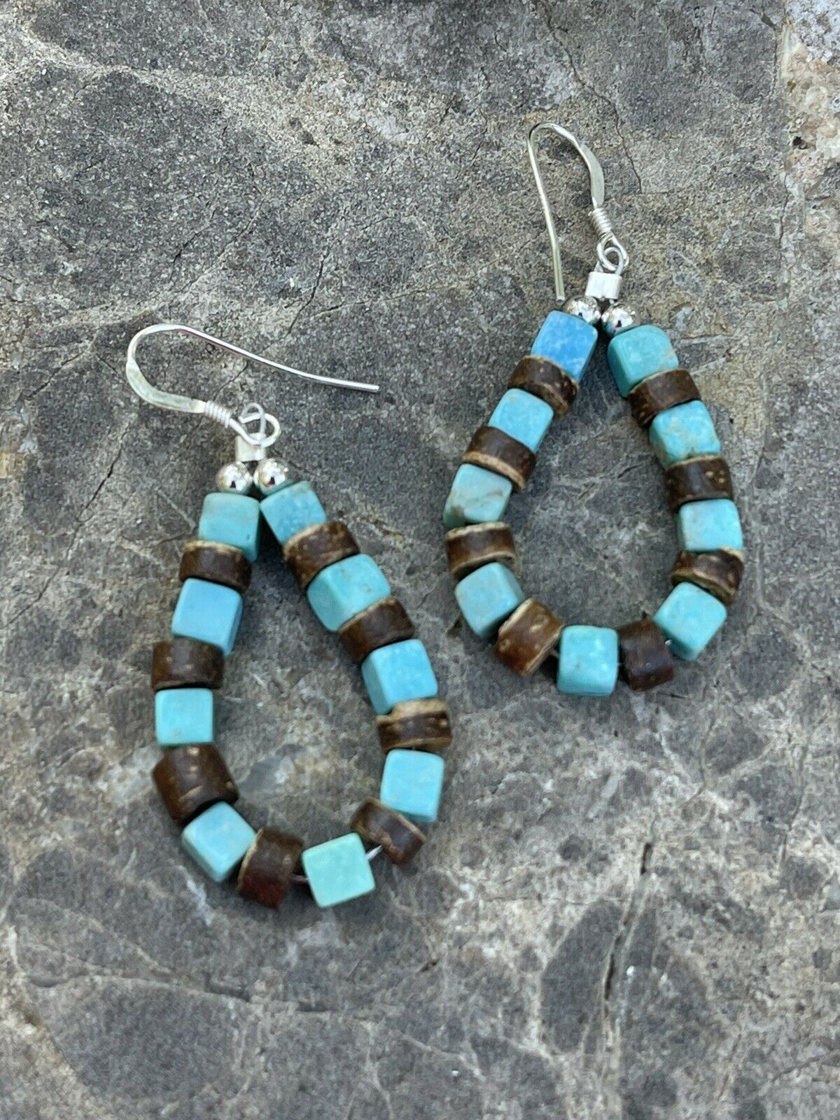 Handcrafted Turquoise & Jasper Sterling Silver Beaded Dangle Hoop Earrings