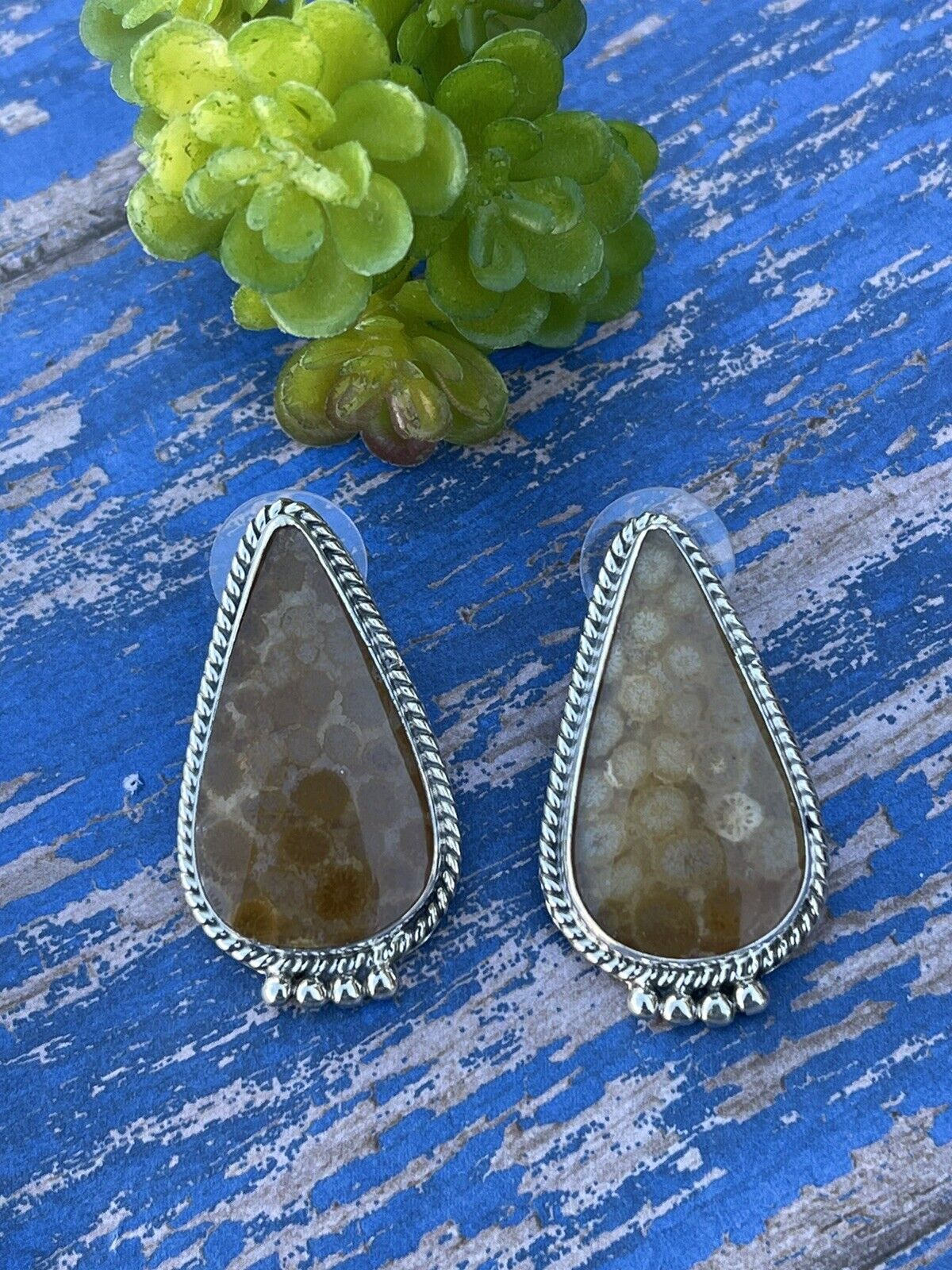 Handcrafted Fossilized Coral & Sterling Silver Post Earrings Signed