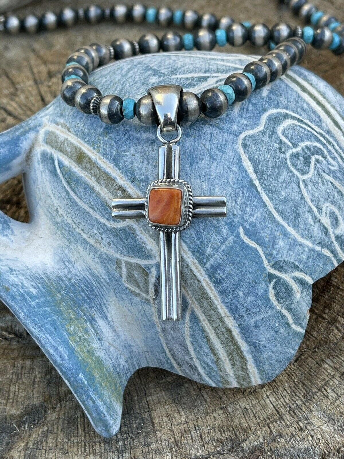 Handcrafted Sterling Silver & Orange Spiny Shell  Cross Pendant Signed