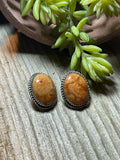 Handcrafted Sterling Silver Apple Coral Oval Post Earrings