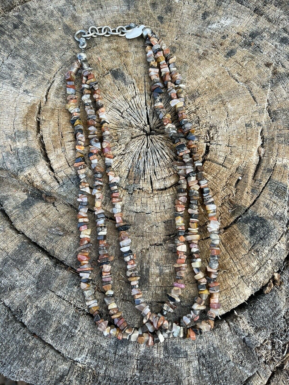 Handcrafted Sterling Silver Multi Jasper Chip Triple Strand Necklace 18”