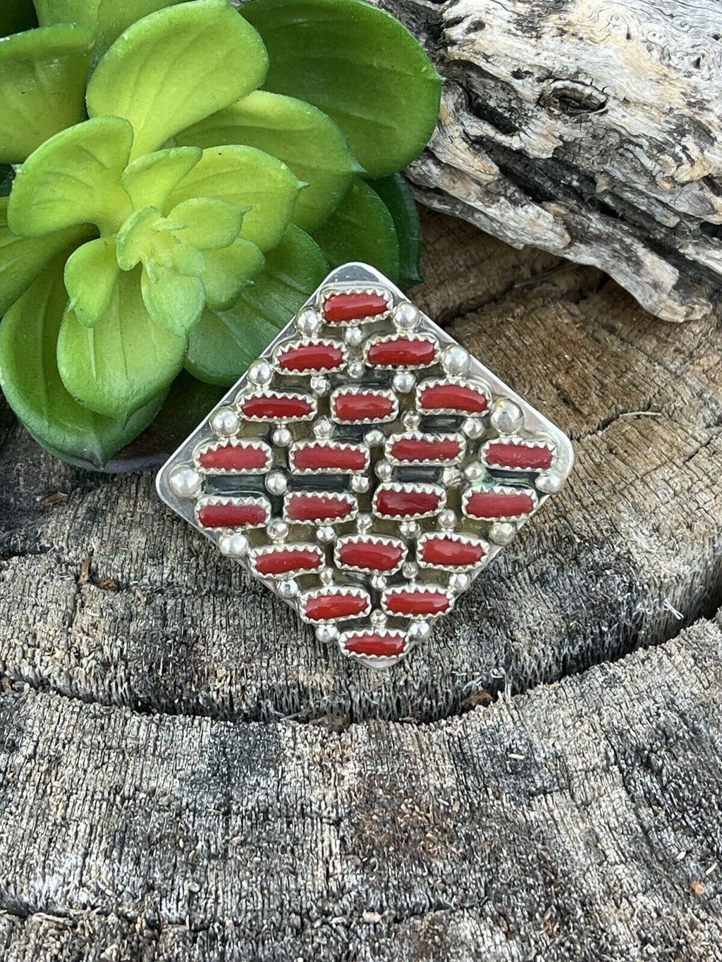 Handcrafted Sterling Silver Square Platform Red Coral Ring Sz 8