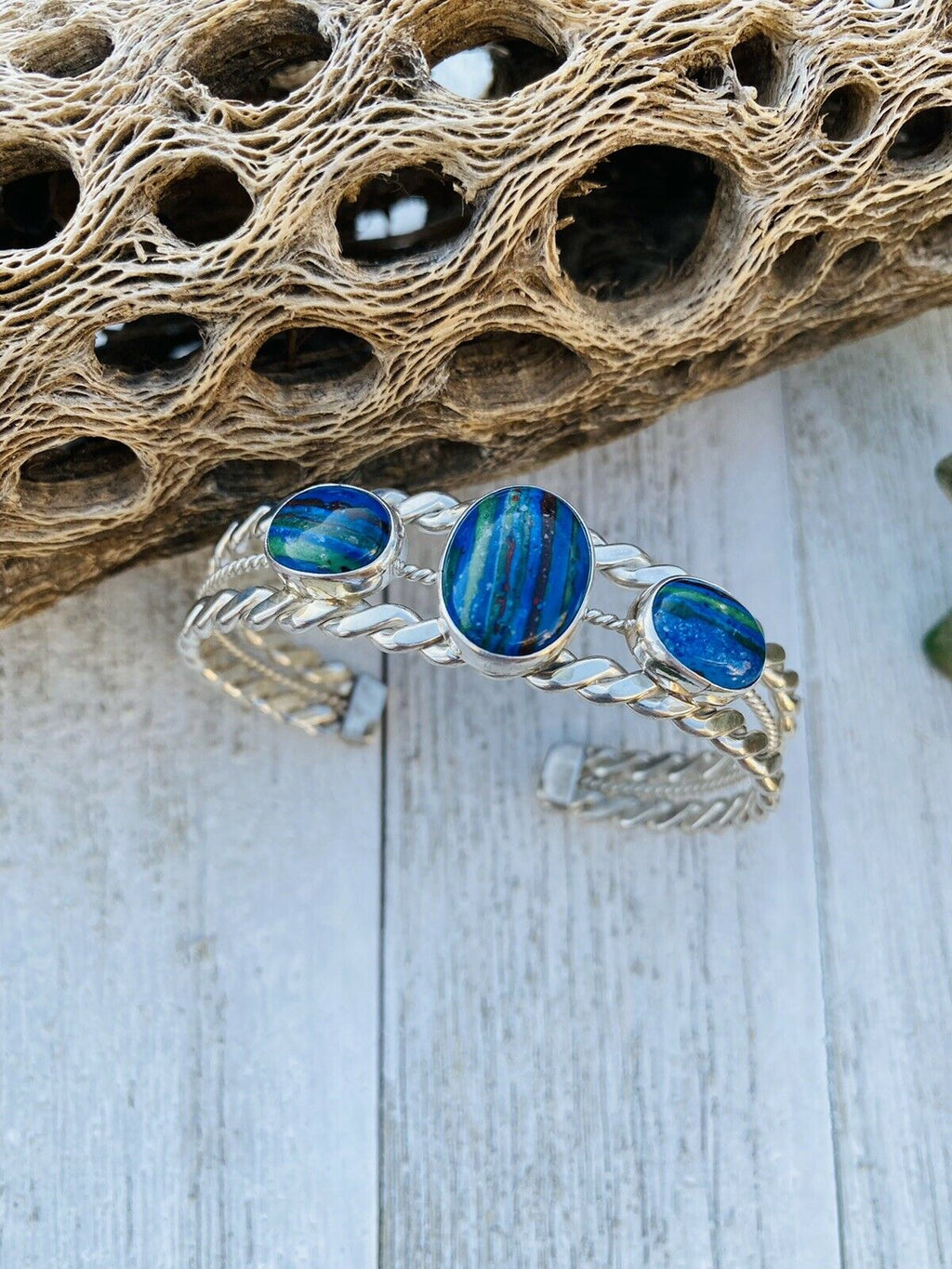 Unique Handcrafted Sterling Silver & Rainbow 3 stone Cuff Bracelet