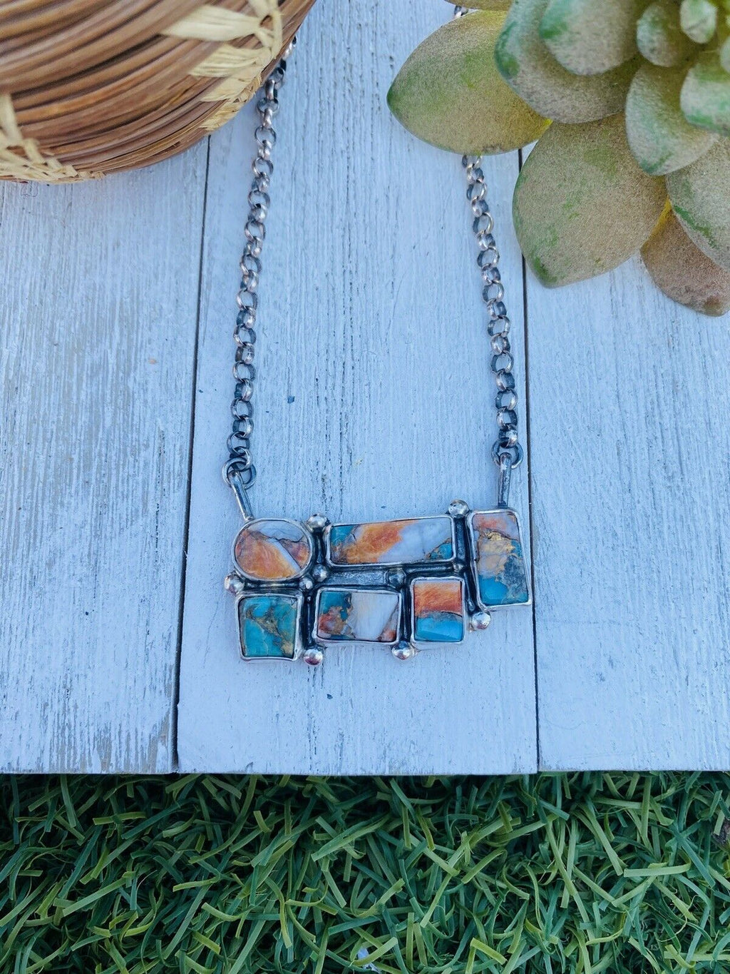 Handcrafted Sterling Silver & Multi Stone Spice Necklace Signed