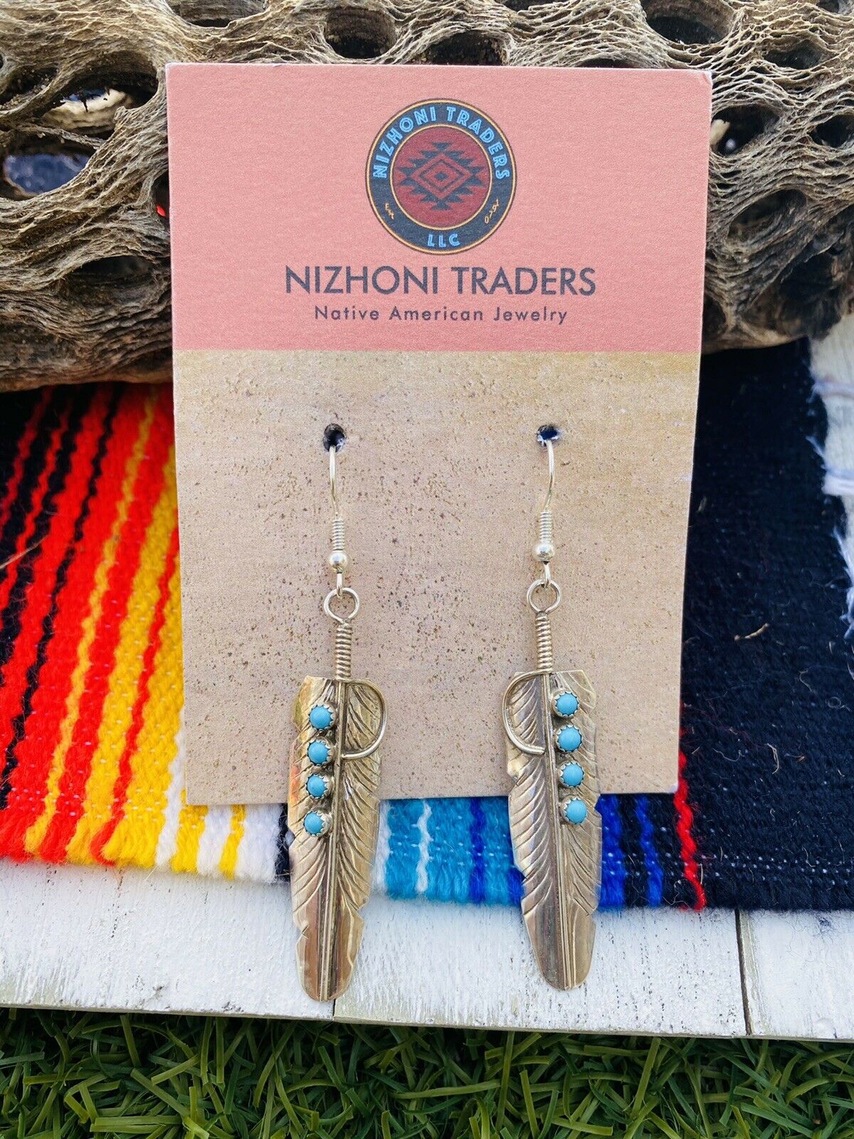 Handcrafted Turquoise & Sterling Silver Feather Dangle Earrings