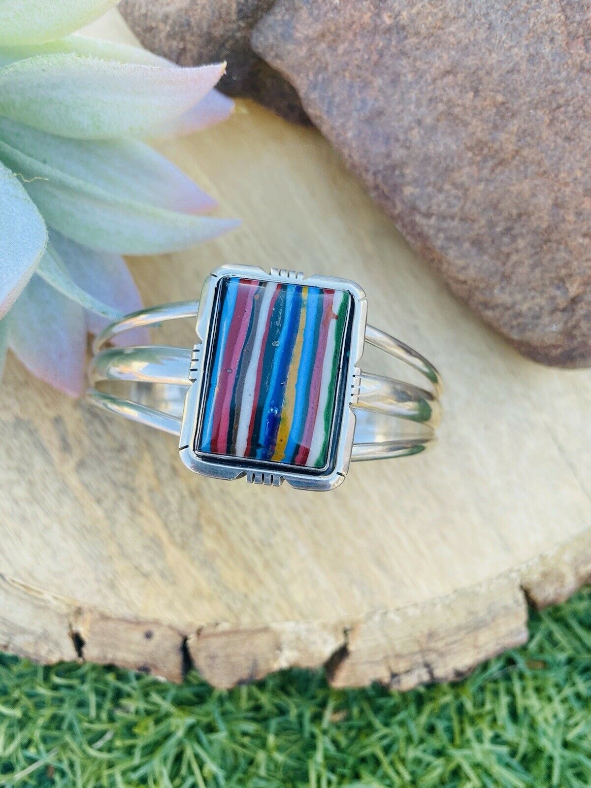 Handcrafted Sterling Silver & Rainbow Rectangle Cuff Bracelet