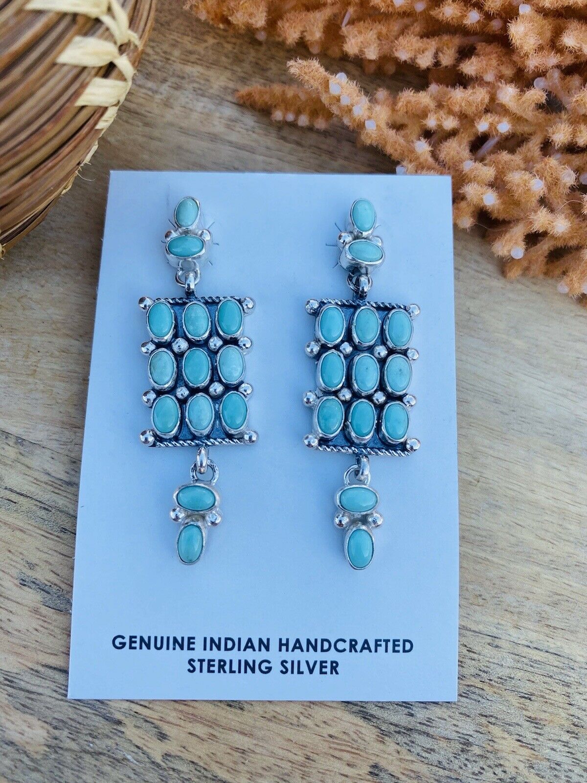 Handcrafted Turquoise & Sterling Silver Cluster Dangle Earrings Signed