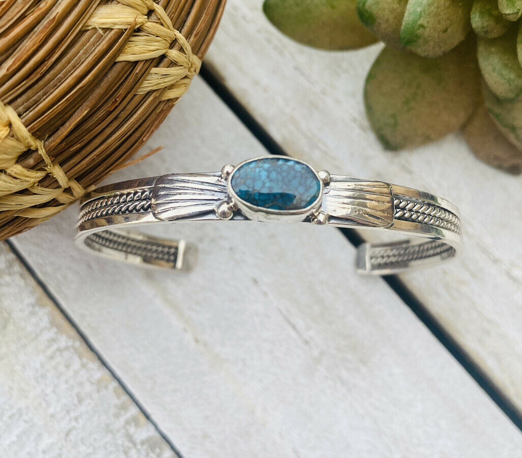 Handcrafted Sterling Silver & Royston Turquoise Stacker Cuff Bracelet Signed