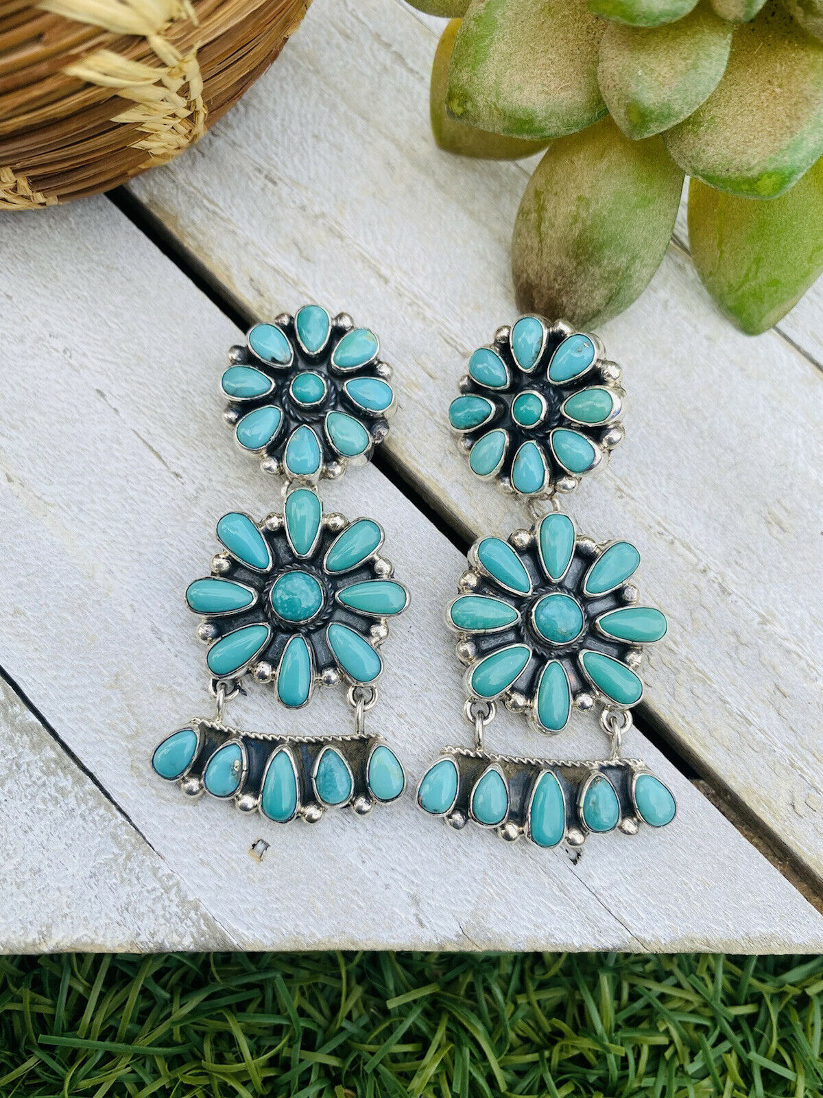 Handcrafted Turquoise and Sterling Silver Cluster Dangle Post Earrings