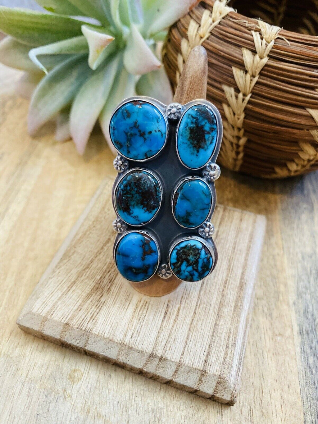 Handcrafted Kingman Turquoise & Sterling Silver Adjustable Ring Signed