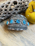 Handcrafted Kingman Turquoise & Hand Stamped Sterling Silver Cuff Bracelet