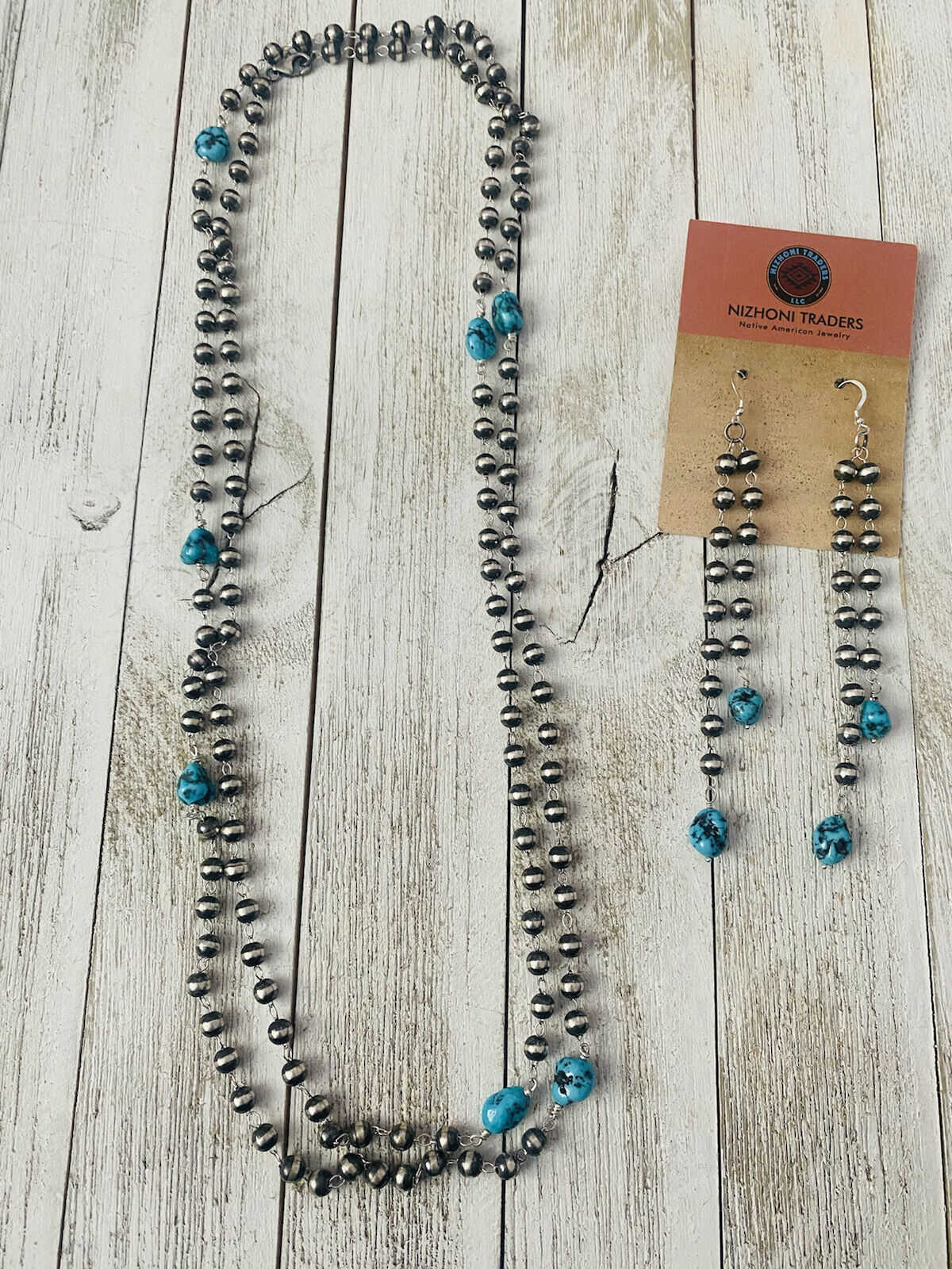 Handcrafted Kingman Turquoise & Sterling Silver Pearl Beaded Necklace Set