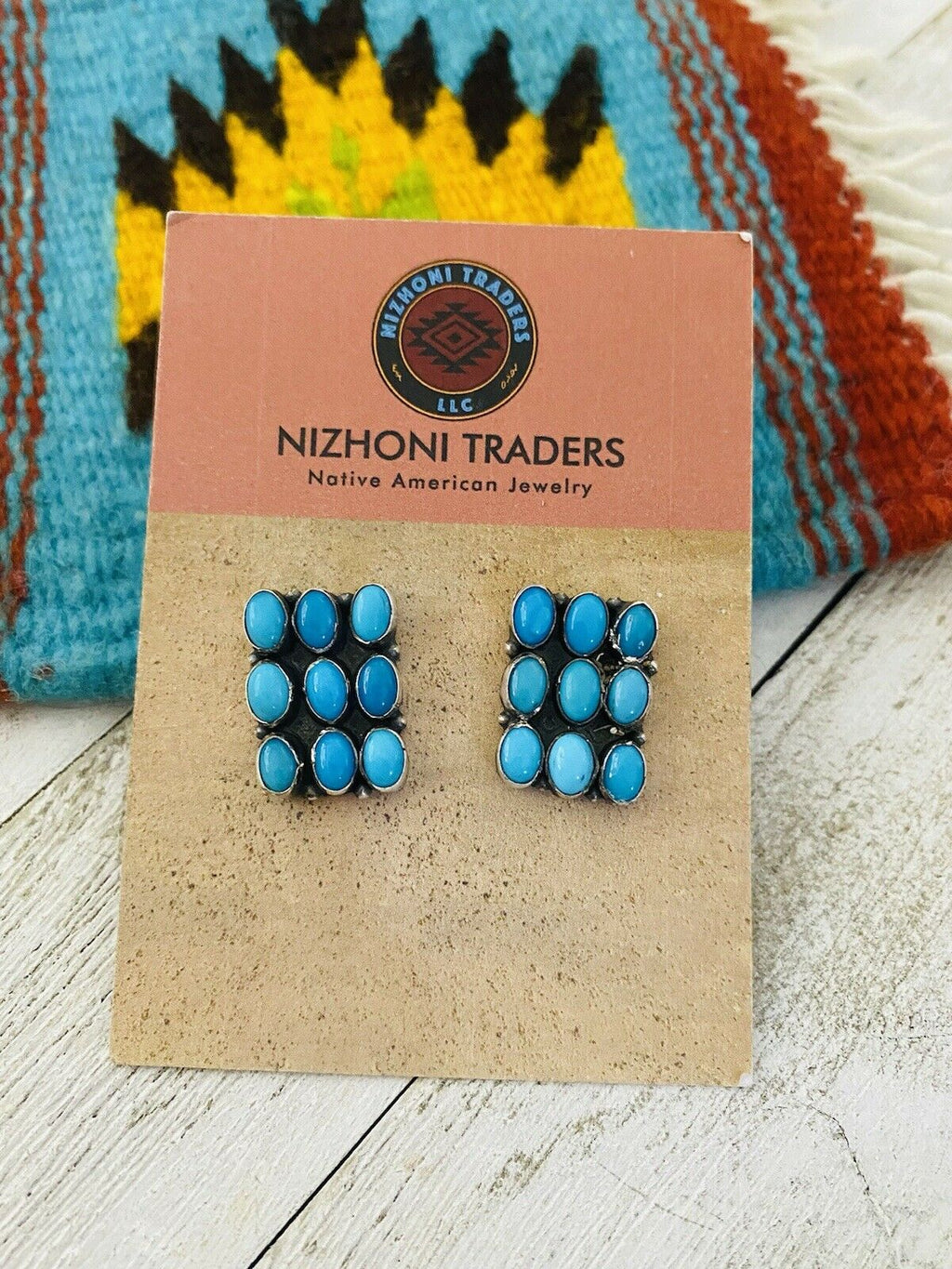 Handcrafted Turquoise & Sterling Silver Cluster Stud Earrings Signed