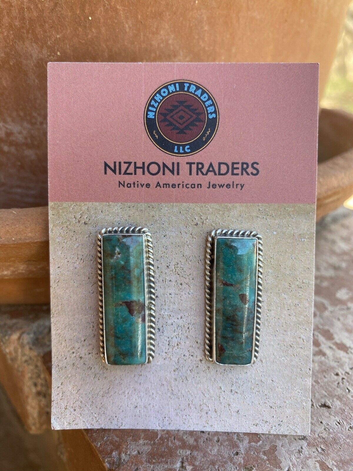 Handcrafted Sterling & Turquoise Rectangle Stud Post Earrings Signed
