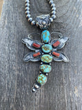 Handcrafted Shawn Cayatenito Sterling Silver Kingman  Turquoise & Coral Dragonfly Pendant