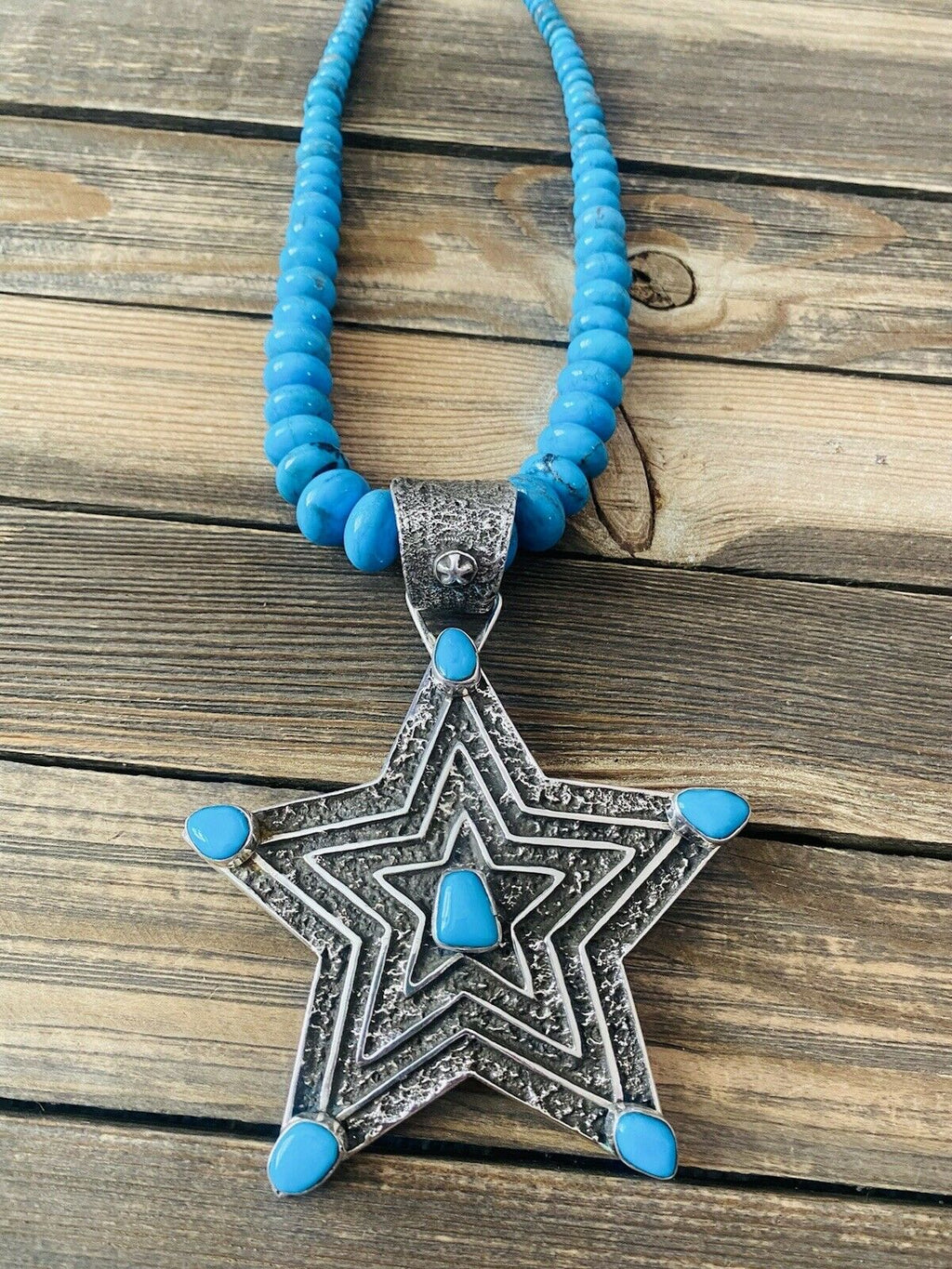 Handcrafted Turquoise & Sterling Silver Tufa Cast Star Beaded Necklace