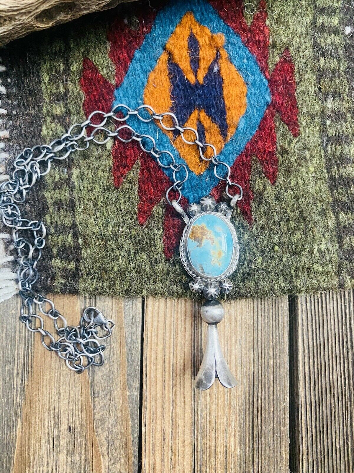 Handcrafted Sterling Silver & Royston Turquoise Blossom Necklace Signed