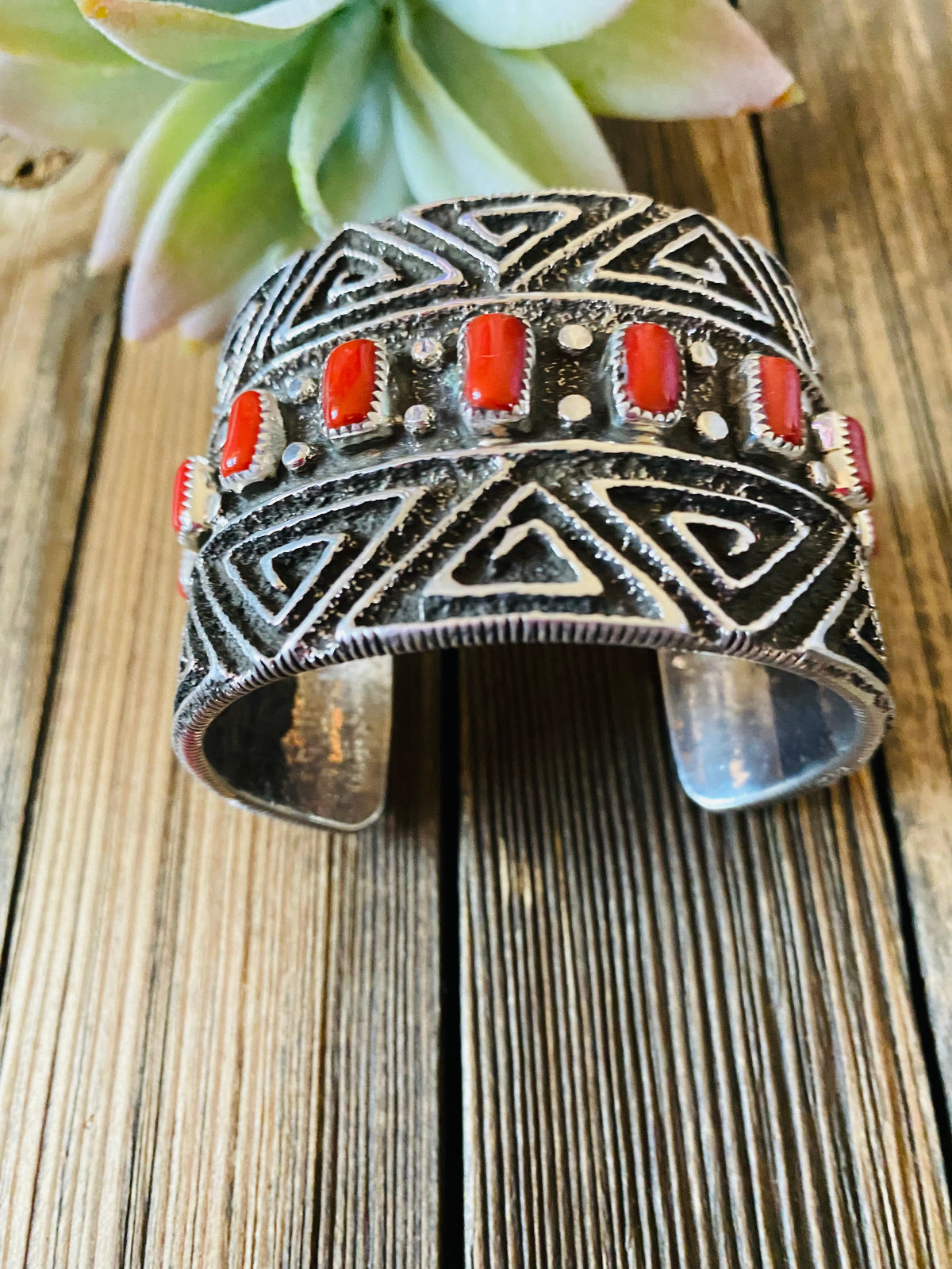 Handcrafted Coral & Sterling Silver Cuff Bracelet By Steve Arviso /