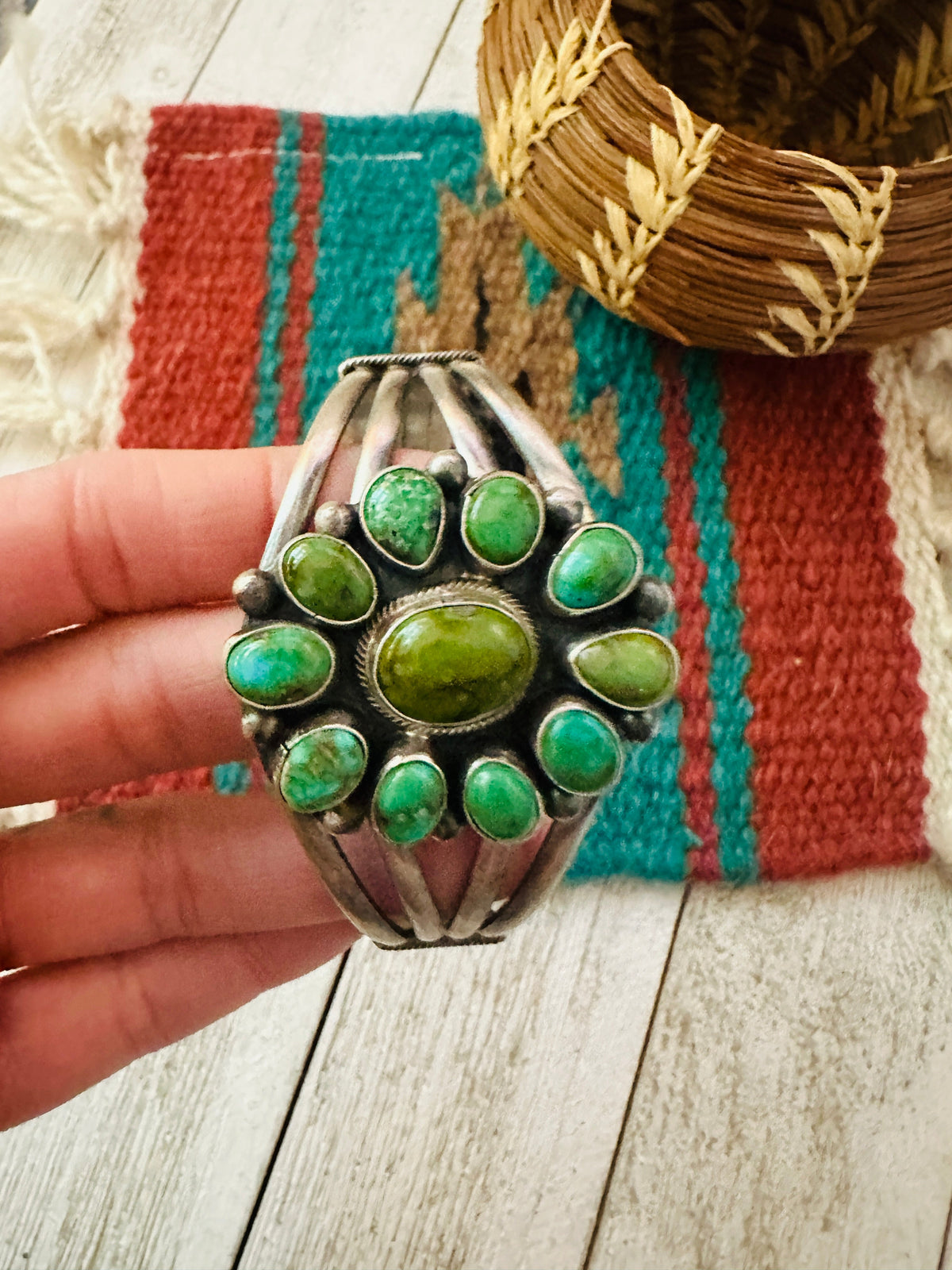 Handcrafted Sonoran Gold Turquoise & Sterling Silver Cluster Cuff Bracelet /