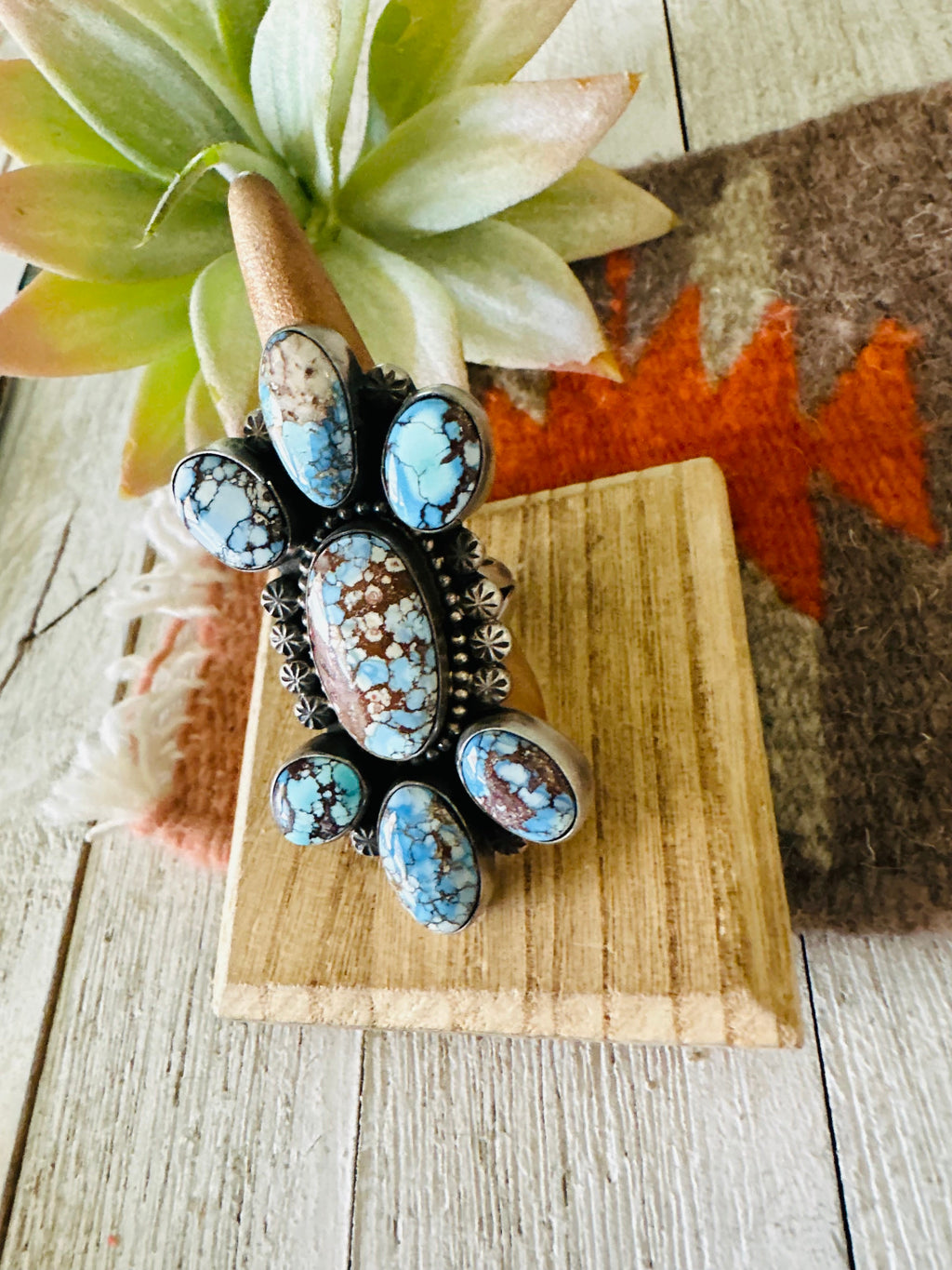 Handcrafted Golden Hills Turquoise & Sterling Silver Cluster Ring Size 11