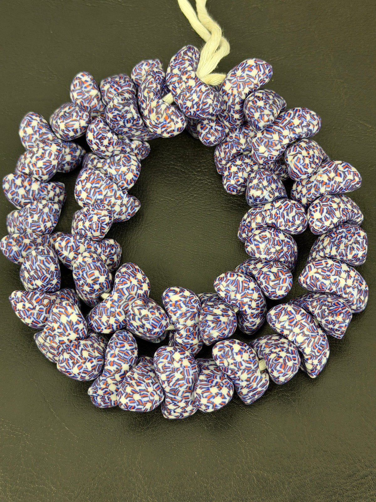 XL Patriotic Mosaic Canoe-Shaped Krobo Powdered Glass Beads – Red White Blue Patterned African Recycled Glass Beads | Handmade Ghana Glass Beads | Statement Jewelry Beads Strand