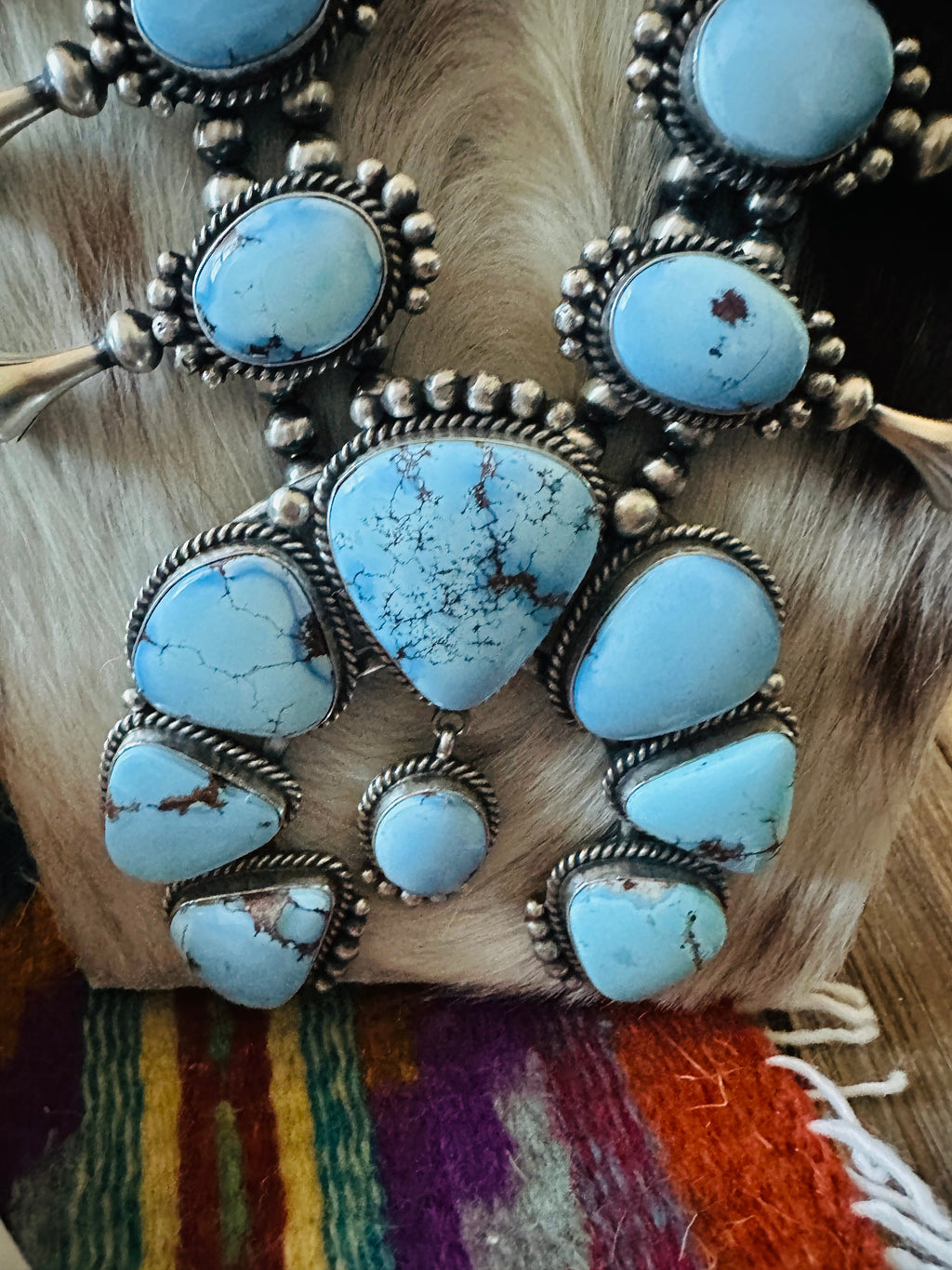 Handcrafted Golden Hills Turquoise & Sterling Silver Beaded Squash Blossom Necklace and Earring Set by Mary Ann Spencer