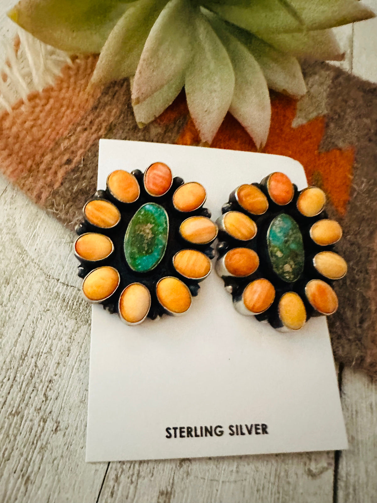 Handcrafted Sterling Silver, Orange Spiny & Turquoise Cluster Earrings