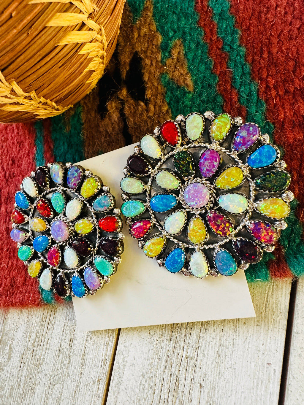Handcrafted Multicolor Opal And Sterling Silver Cluster Post Earrings