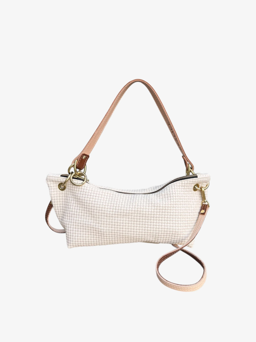 Blair-East West Shoulder Bag, White embossed leather