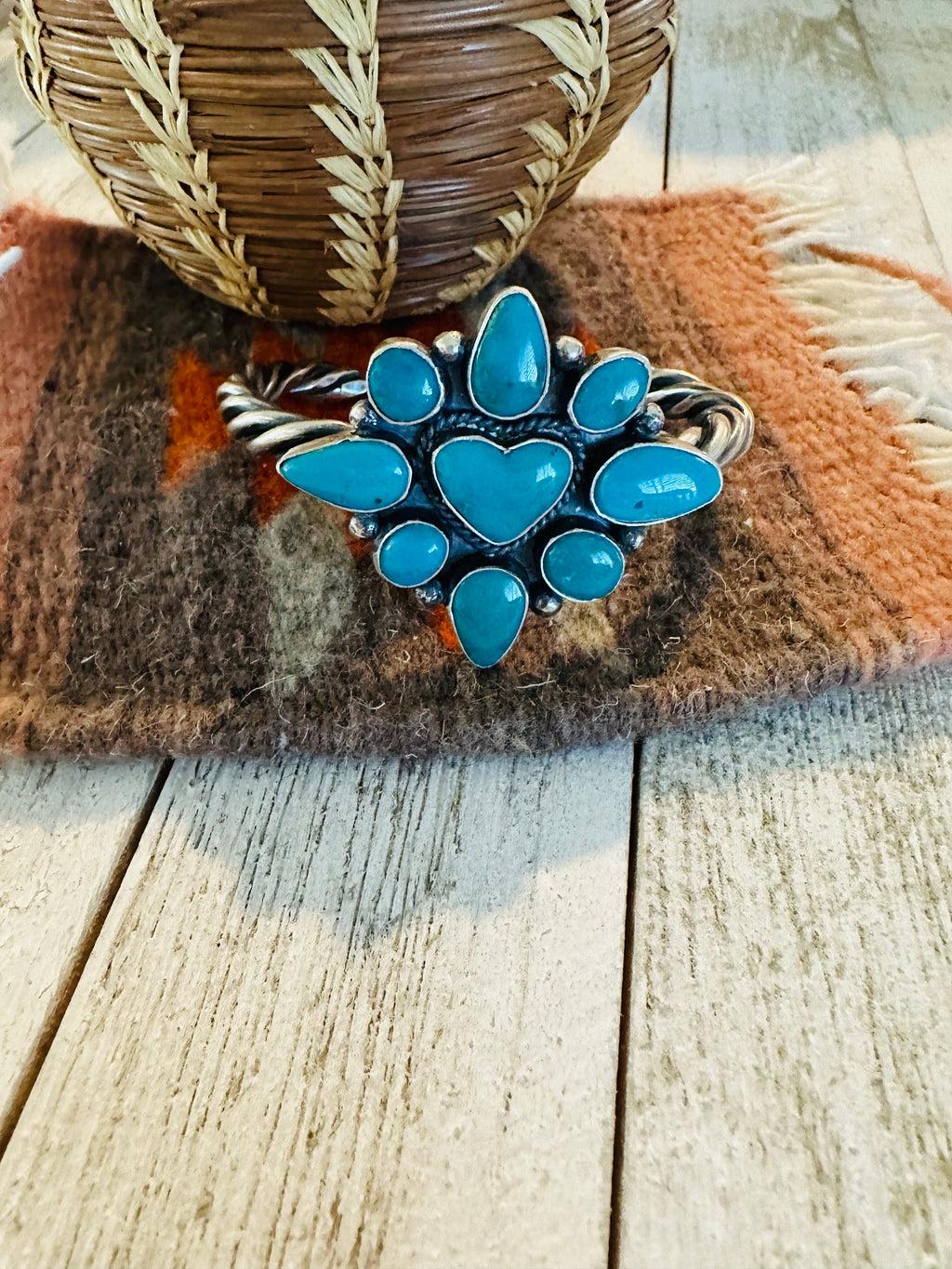 Handcrafted Kingman Turquoise & Sterling Silver Heart Cuff Bracelet /