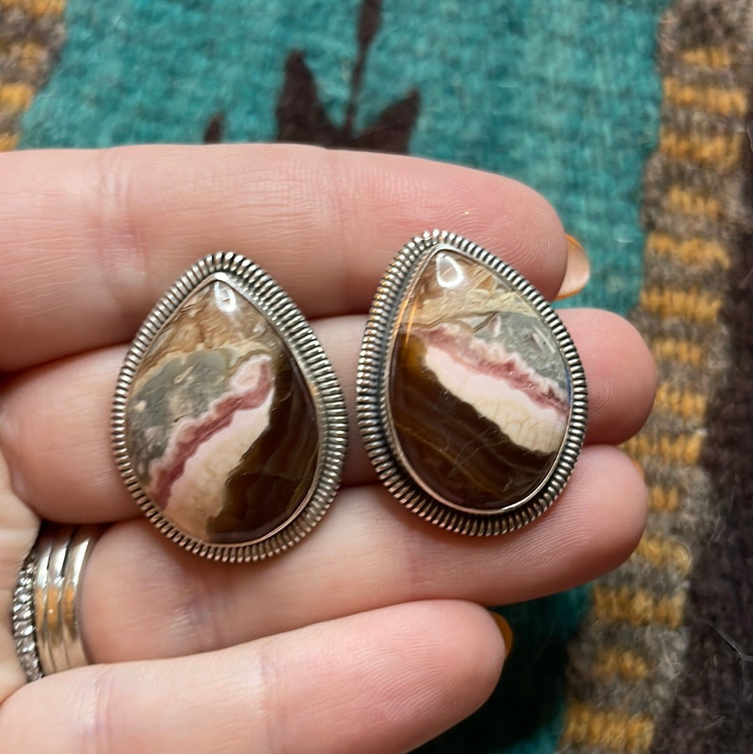 Handcrafted Sterling Silver & Rhodochrosite Stone Post Earrings