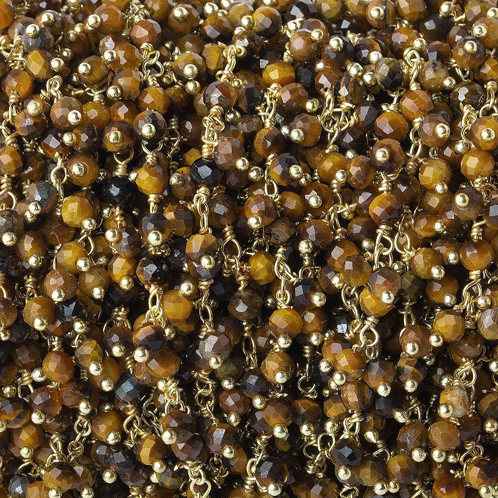 3mm Golden Tiger's Eye Microfaceted Round Gold Dangling Chain