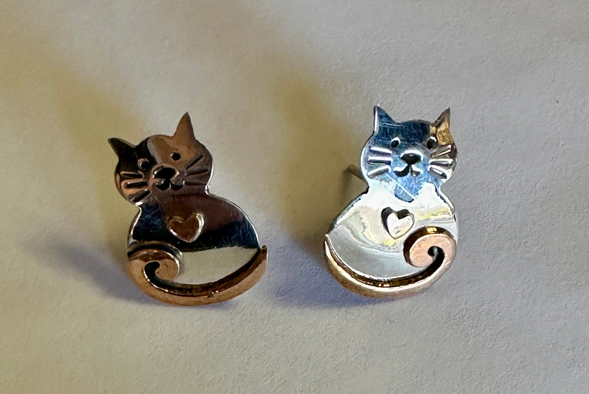 Sterling Silver & Copper Cat Earrings on Post