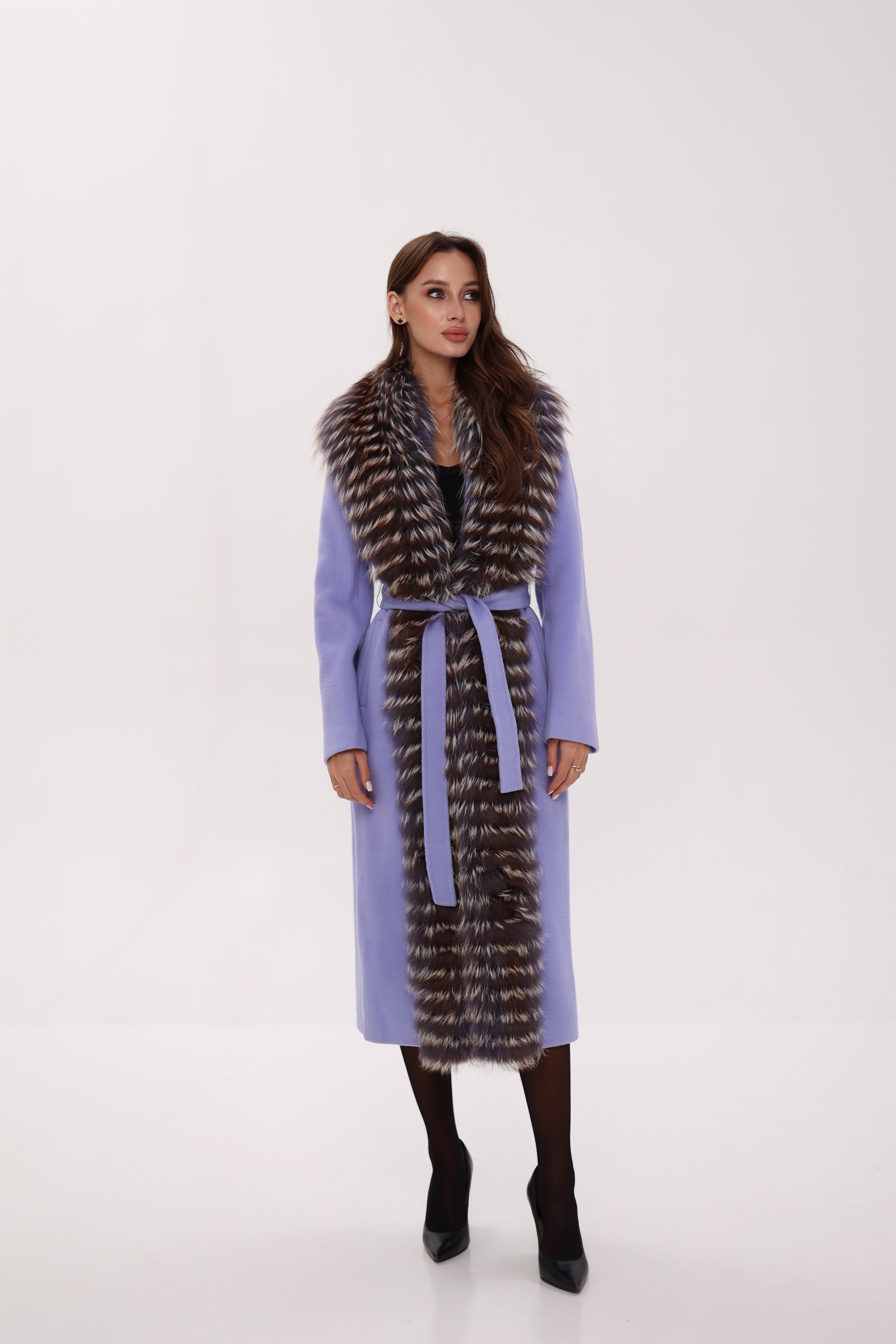 Carrie Coat - Genuine Silver Fox Virgin Wool Wrap Coat in Lavender