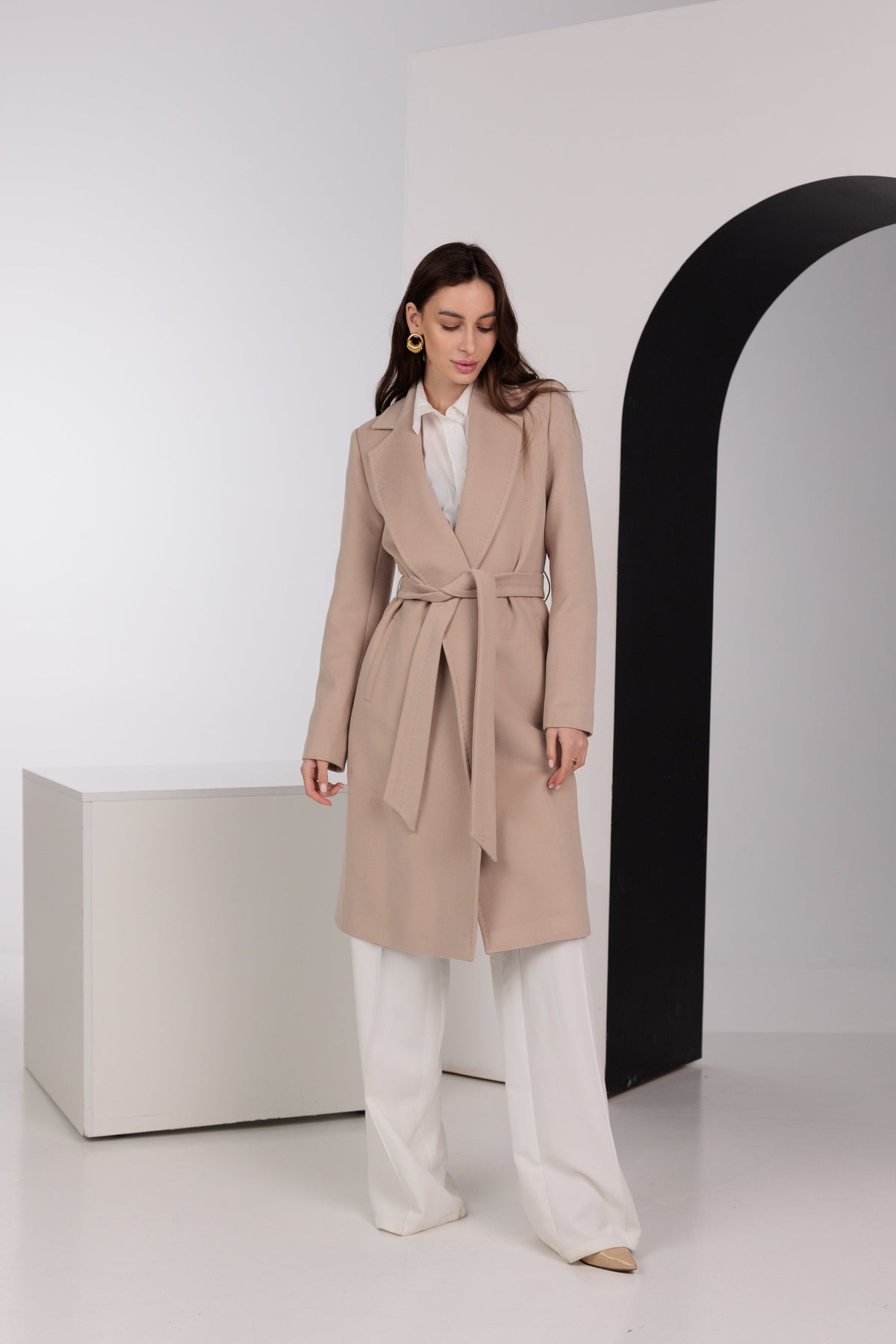 Geneva Classic Wraparound Wool Blend Overcoat in Beige