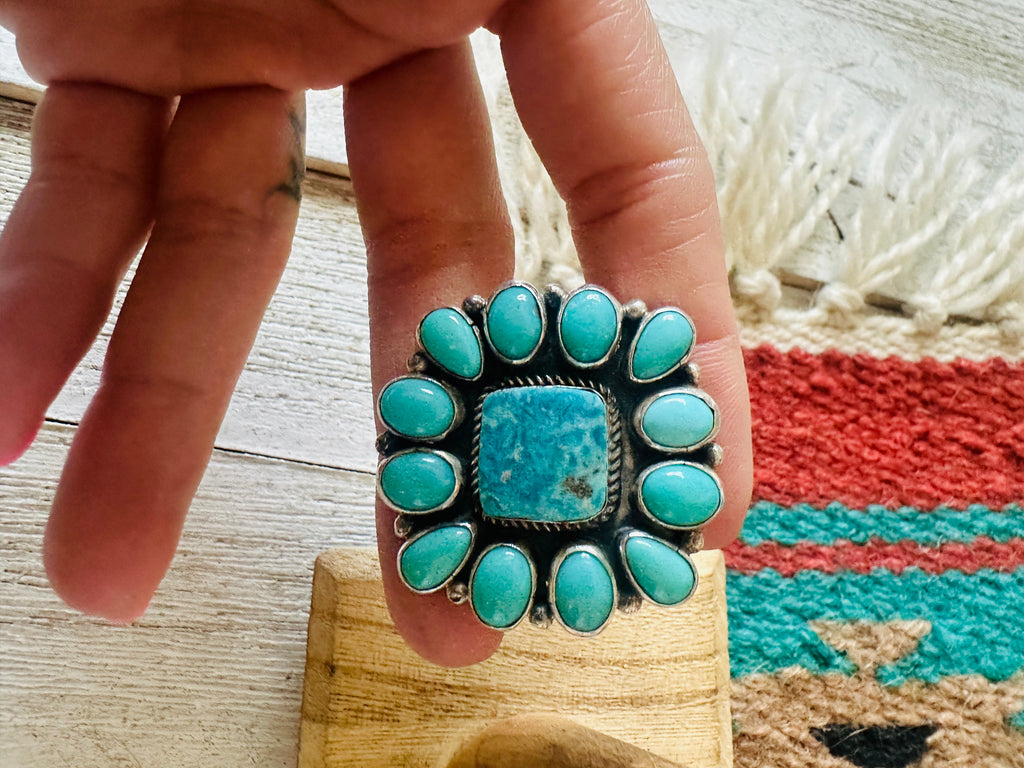 Handcrafted Turquoise & Sterling Silver Cluster Ring Size 7.5