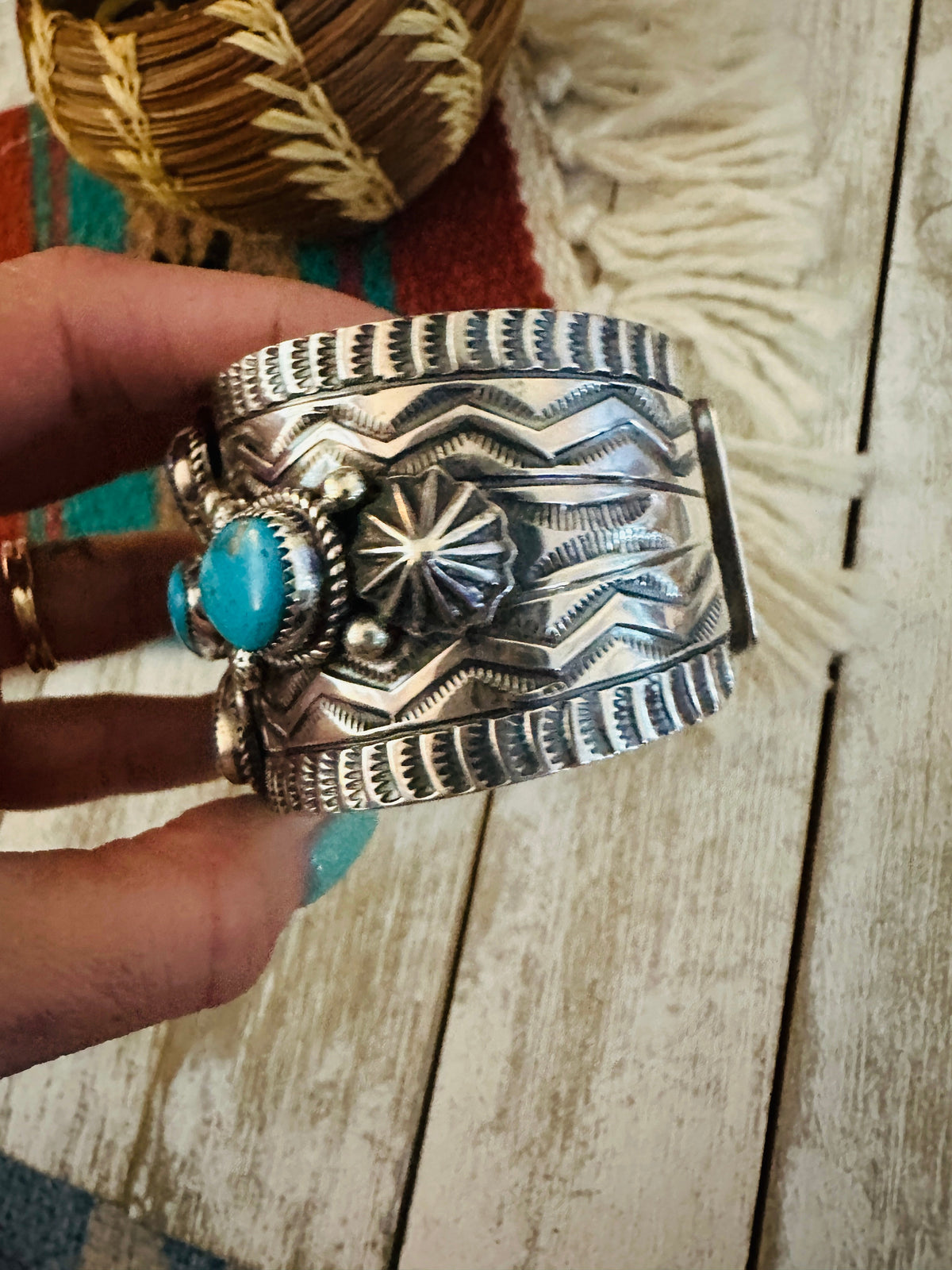 Kingman Turquoise & Sterling Silver Cluster Cuff Bracelet /