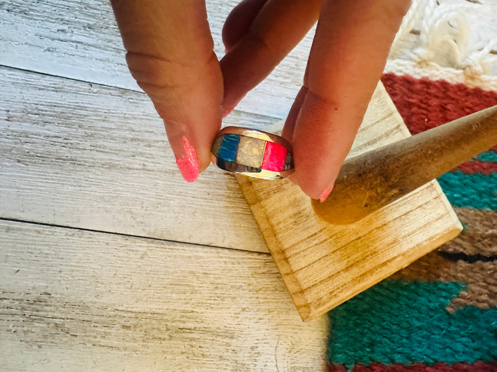 Handcrafted Sterling Silver & Multicolor Opal Inlay Band Ring Size 7.75