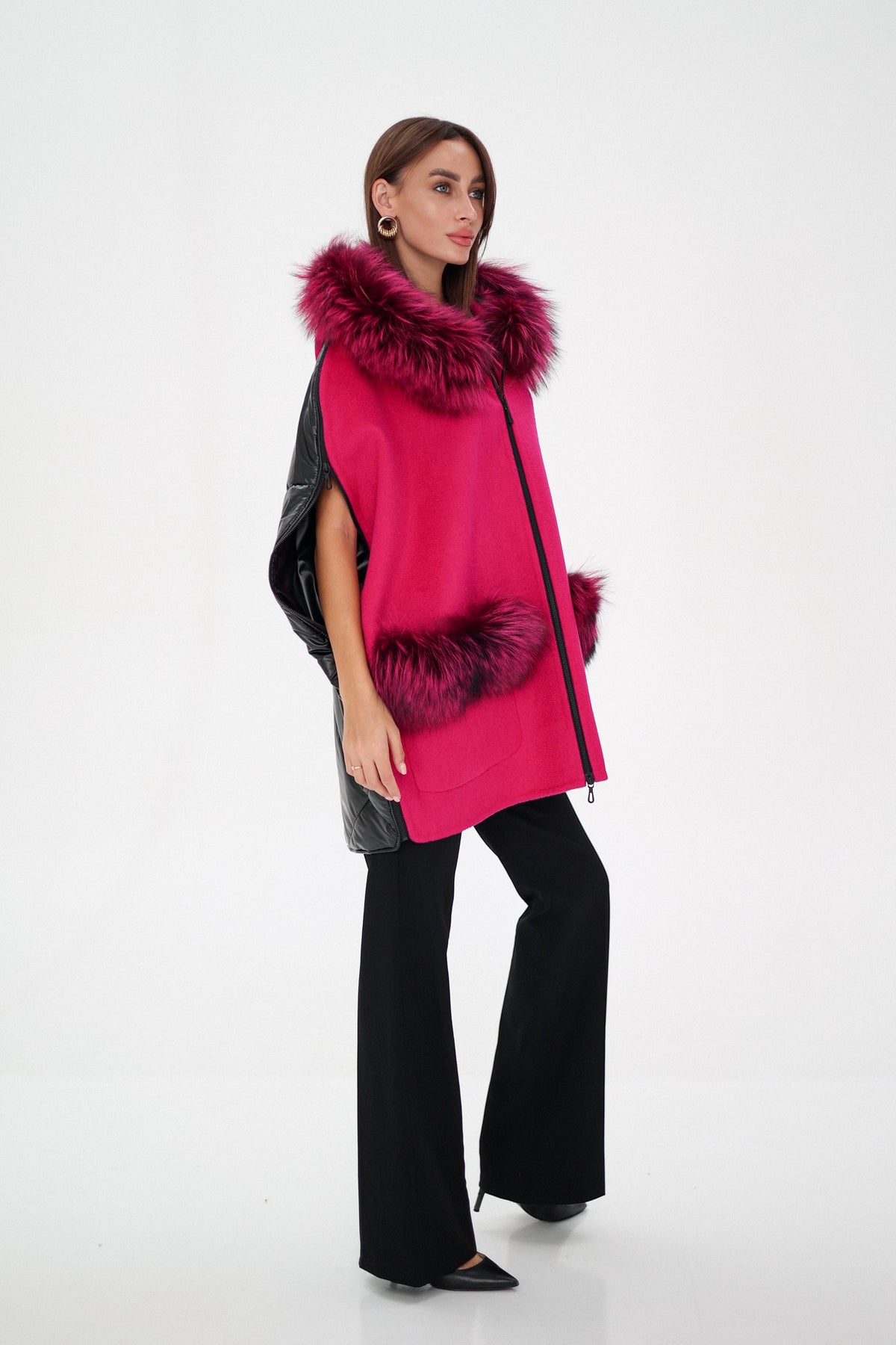 Saga®Furs Silver Fox Wool Cashmere Poncho Vest in Fuchsia