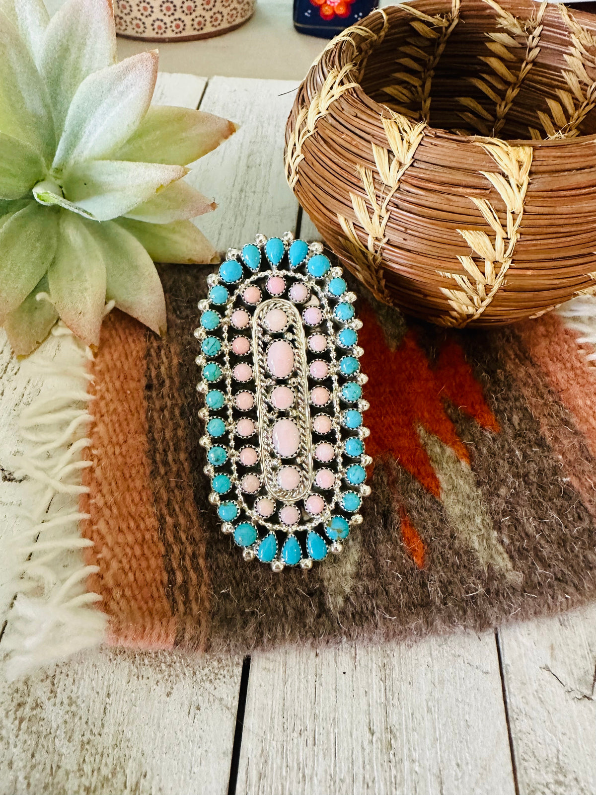 Handcrafted Sterling Silver, Turquoise & Queen Pink Conch Adjustable Ring
