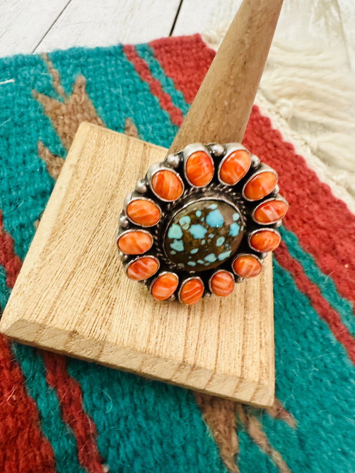 Handcrafted Sterling Silver, Orange Spiny & Turquoise Cluster Adjustable Ring