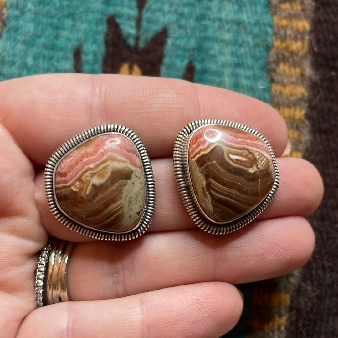 Handcrafted Sterling Silver & Rhodochrosite Stone Post Earrings